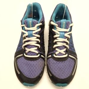 Reebok Womans Size 6 Running Shoe Sneaker Purple Blue Black White Mesh Lace Up